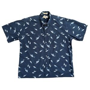 Vintage Campia Moda Hawaiian Navy Blue Marlin Fish Button Down Shirt X Large
